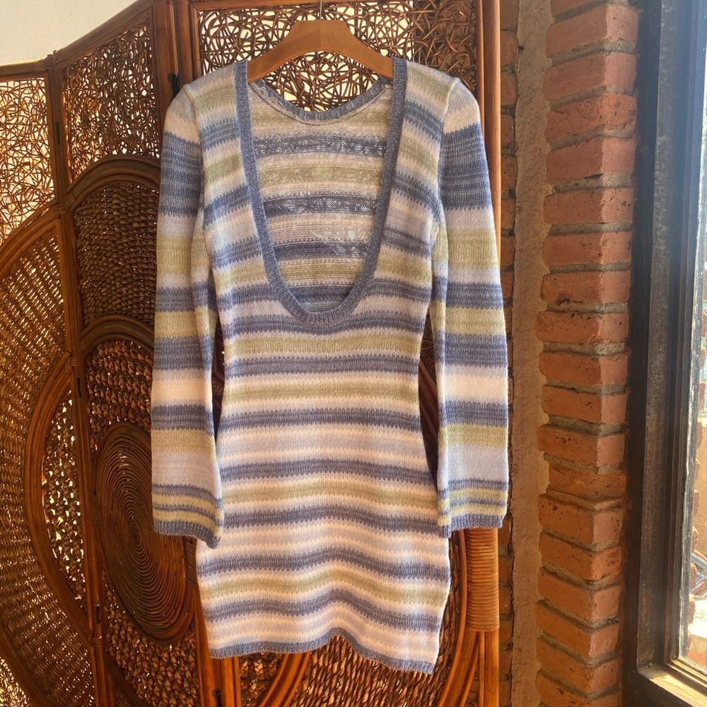Striped Blue & Green Women's Backless Sweater Dress Flattering Great Condition!